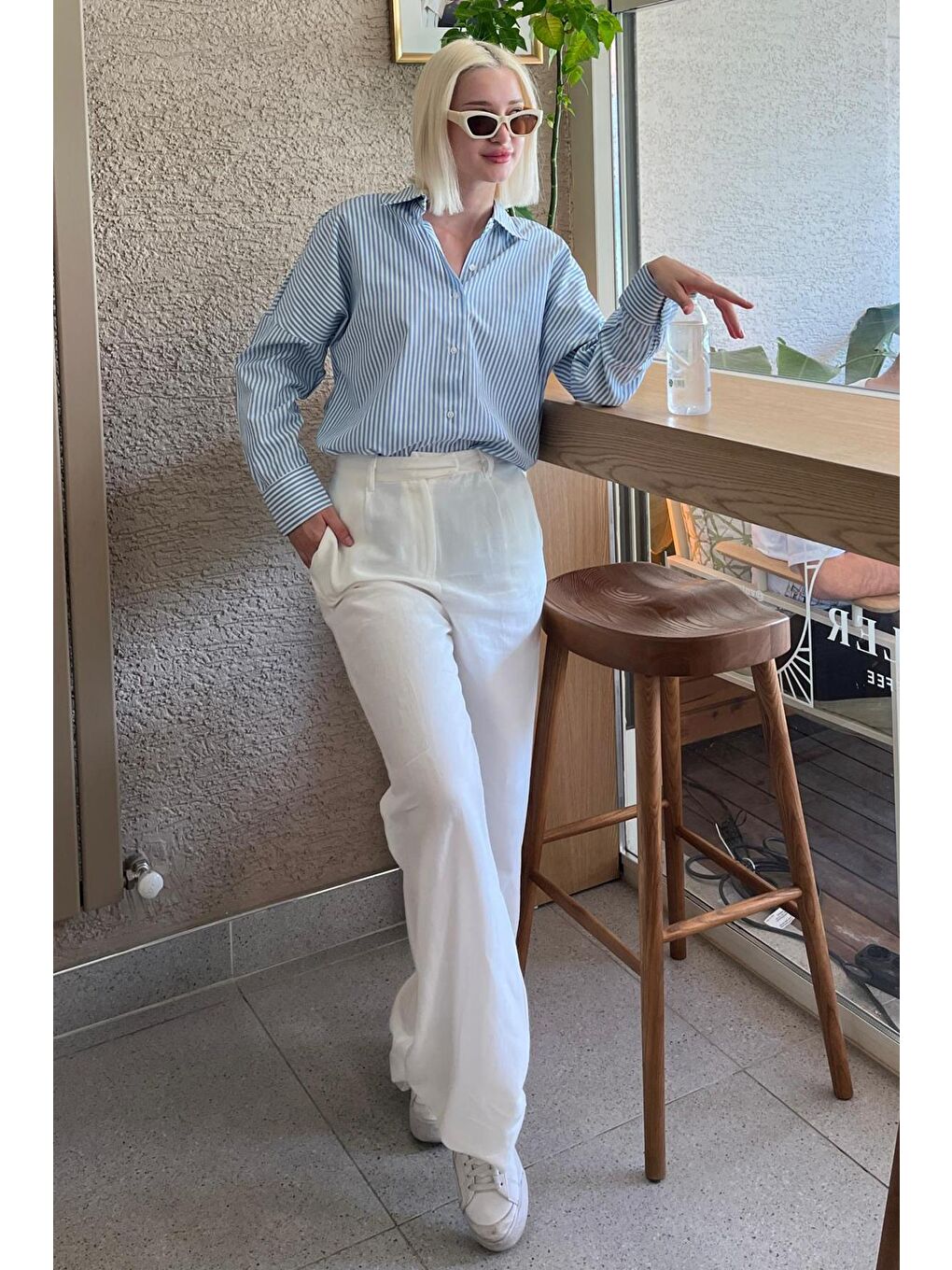 Turkuaz Çizgili Over Fit Gömlek Mg1525-6