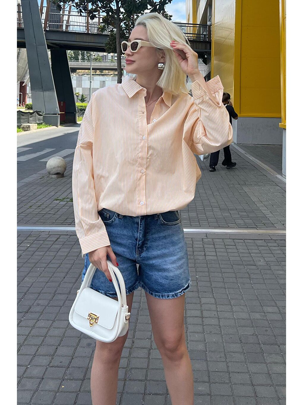 Sarı Çizgili Over Fit Gömlek Mg1525-3