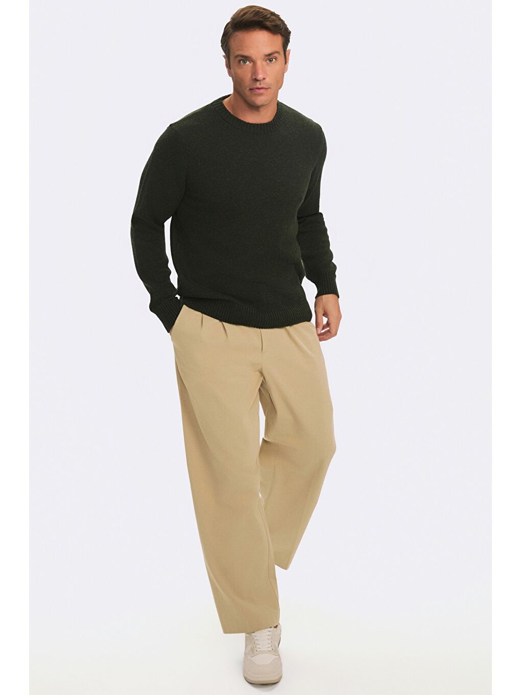 Haki Erkek Regular Fit Bisiklet Yaka Basıc Triko Kazak