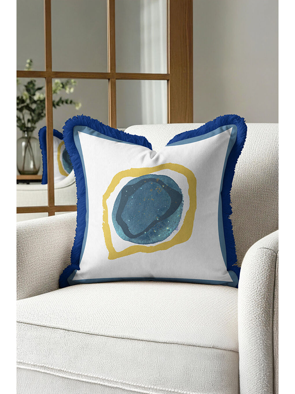 Karışık Modern Sanat Etkili Saçaklı Yastık Kılıfı - Soyut Bohem Mavi Altın Renkli Püsküllü Kırlent Kılıfı-1