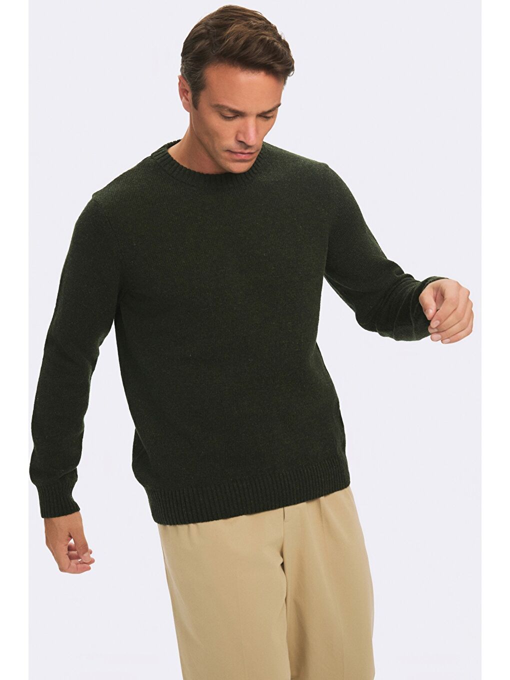 Haki Erkek Regular Fit Bisiklet Yaka Basıc Triko Kazak-1