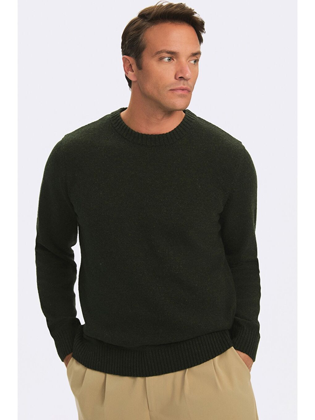 Haki Erkek Regular Fit Bisiklet Yaka Basıc Triko Kazak-3