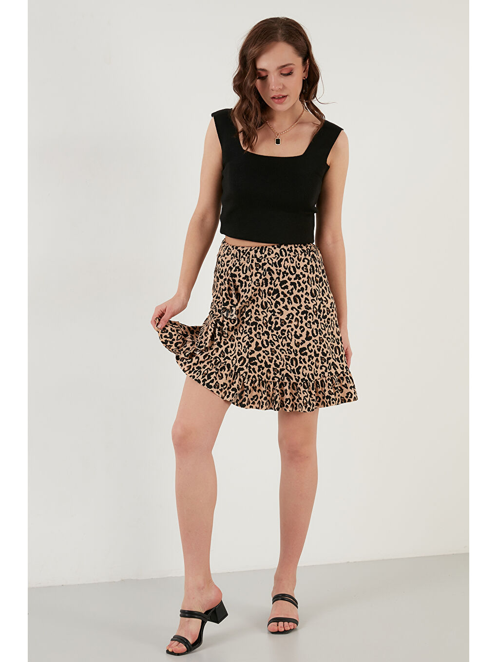 Kahverengi Desenli Volanlı Yüksek Bel Dar Kesim Kadın Etek 5864152-5