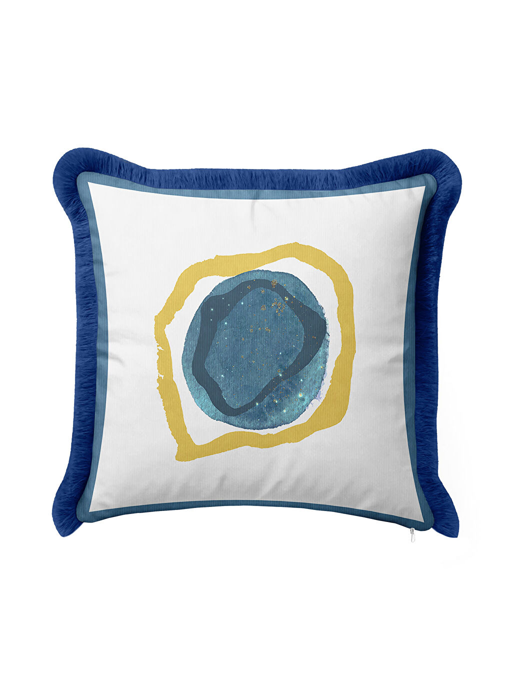 Karışık Modern Sanat Etkili Saçaklı Yastık Kılıfı - Soyut Bohem Mavi Altın Renkli Püsküllü Kırlent Kılıfı-2