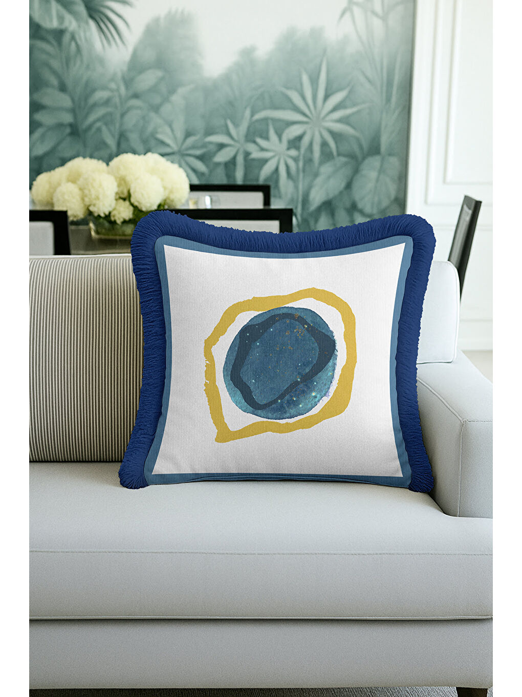 Karışık Modern Sanat Etkili Saçaklı Yastık Kılıfı - Soyut Bohem Mavi Altın Renkli Püsküllü Kırlent Kılıfı-3