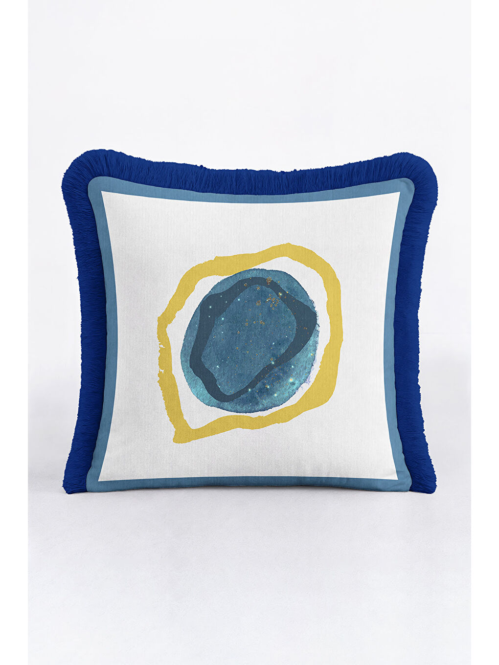Karışık Modern Sanat Etkili Saçaklı Yastık Kılıfı - Soyut Bohem Mavi Altın Renkli Püsküllü Kırlent Kılıfı-4