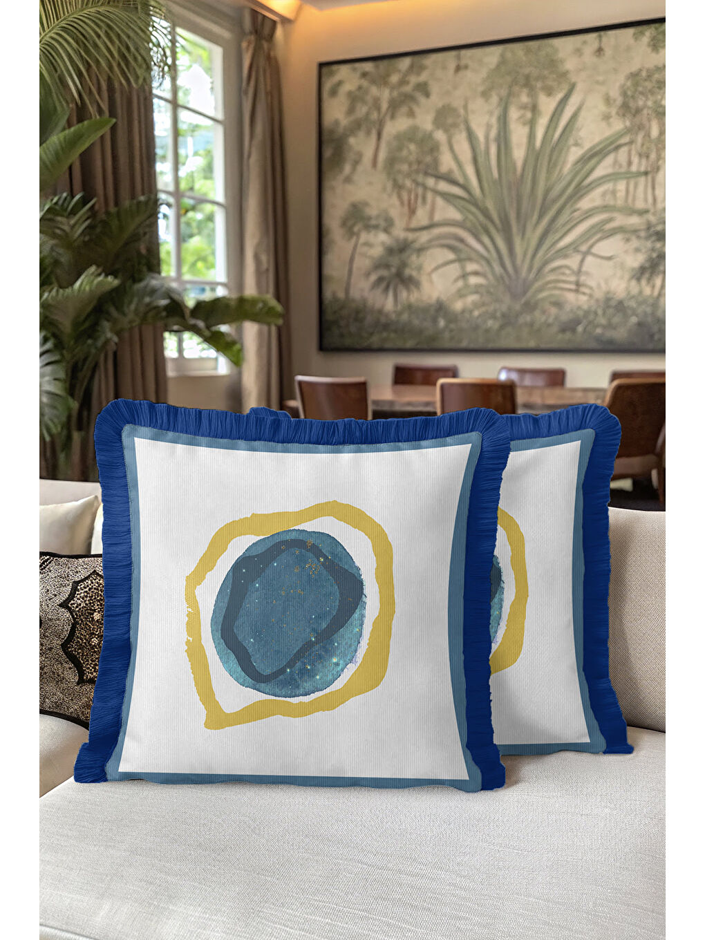 Karışık Modern Sanat Etkili Saçaklı Yastık Kılıfı - Soyut Bohem Mavi Altın Renkli Püsküllü Kırlent Kılıfı-5