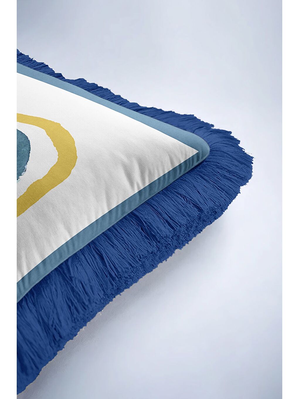 Karışık Modern Sanat Etkili Saçaklı Yastık Kılıfı - Soyut Bohem Mavi Altın Renkli Püsküllü Kırlent Kılıfı-6