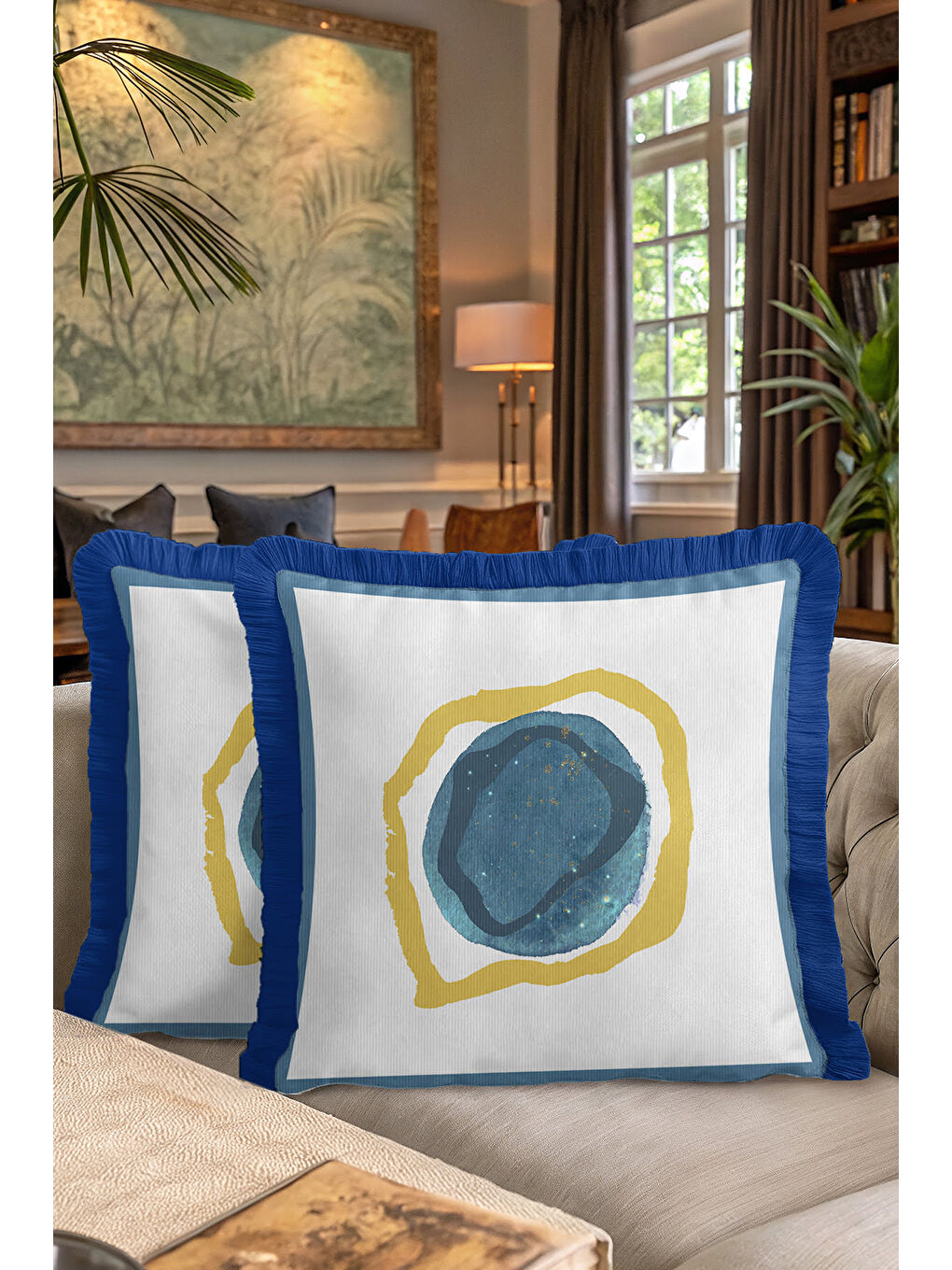 Karışık Modern Sanat Etkili Saçaklı Yastık Kılıfı - Soyut Bohem Mavi Altın Renkli Püsküllü Kırlent Kılıfı-7