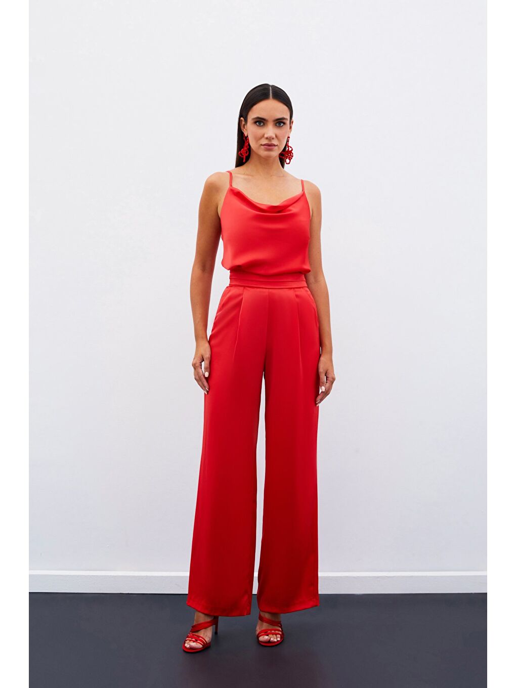 SATEEN Cepli Salaş Saten Pantolon - Mercan