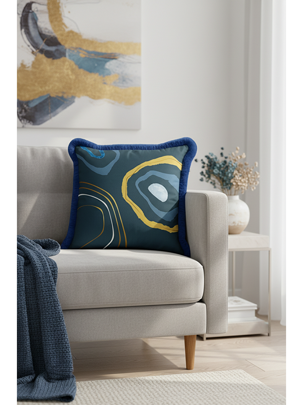 Karışık Modern Sanat Saçaklı Yastık Kılıfı - Geometrik Bohem Lacivert Altın Renkli Püsküllü Kırlent Kılıfı-1