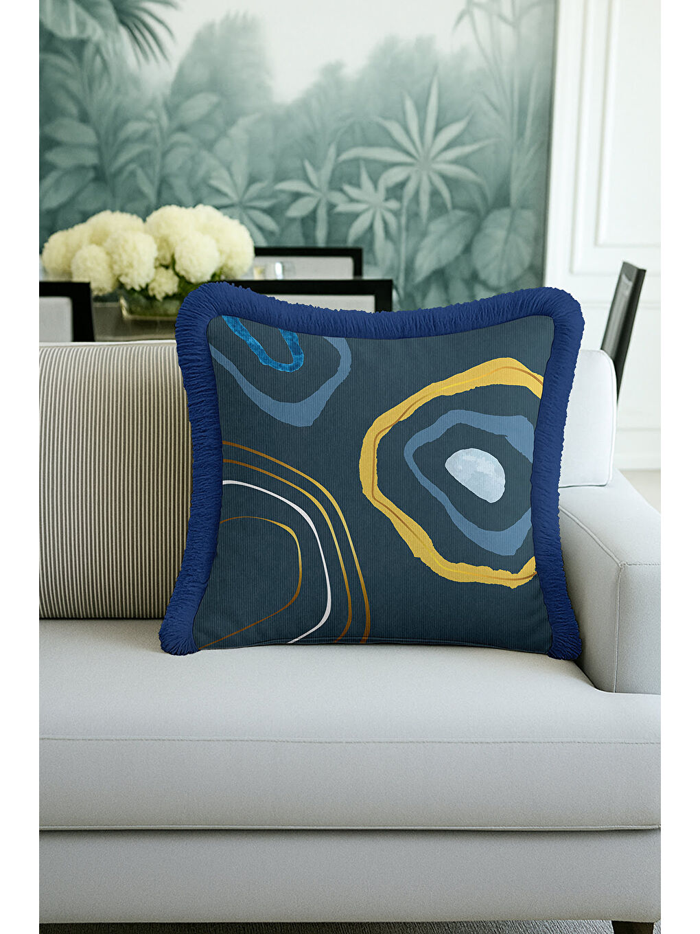Karışık Modern Sanat Saçaklı Yastık Kılıfı - Geometrik Bohem Lacivert Altın Renkli Püsküllü Kırlent Kılıfı-2