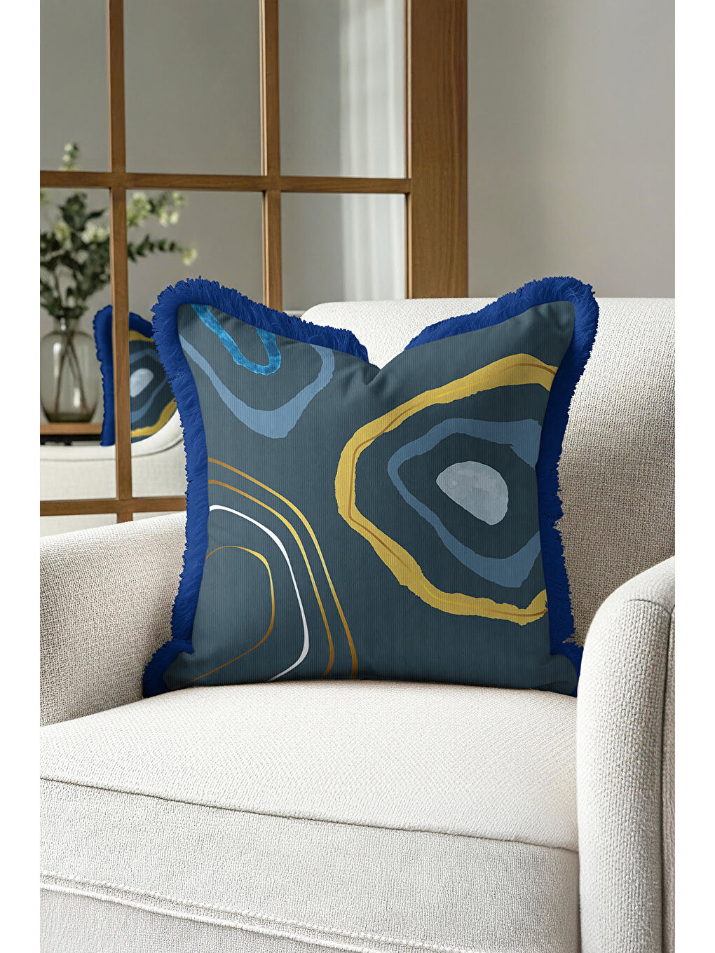 Karışık Modern Sanat Saçaklı Yastık Kılıfı - Geometrik Bohem Lacivert Altın Renkli Püsküllü Kırlent Kılıfı-3