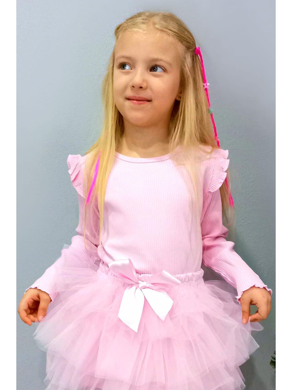 Kız Çocuk Uzun Kollu Bluz Fırfırlı Pembe (10-14 Yaş)-1