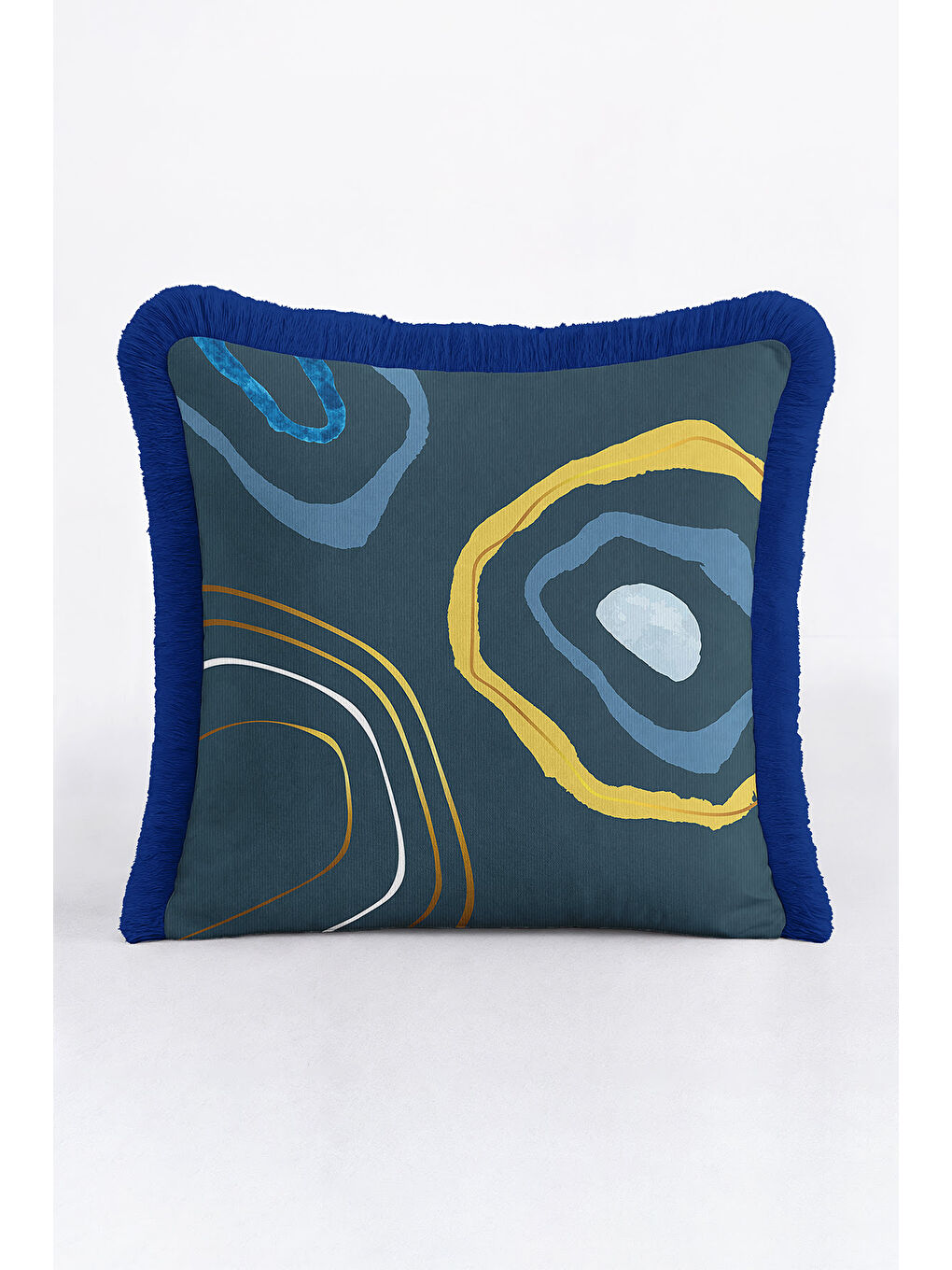 Karışık Modern Sanat Saçaklı Yastık Kılıfı - Geometrik Bohem Lacivert Altın Renkli Püsküllü Kırlent Kılıfı-4