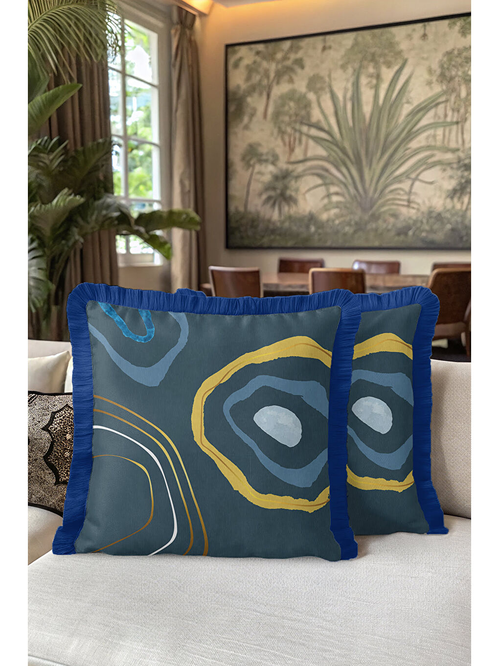 Karışık Modern Sanat Saçaklı Yastık Kılıfı - Geometrik Bohem Lacivert Altın Renkli Püsküllü Kırlent Kılıfı-5