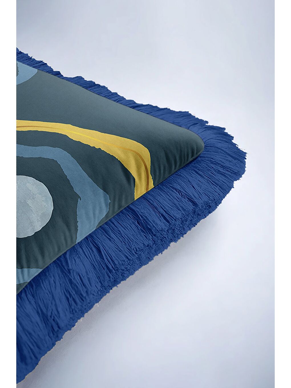 Karışık Modern Sanat Saçaklı Yastık Kılıfı - Geometrik Bohem Lacivert Altın Renkli Püsküllü Kırlent Kılıfı-6