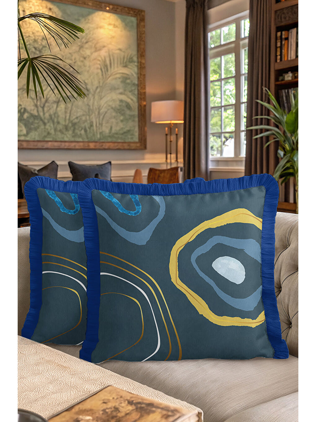 Karışık Modern Sanat Saçaklı Yastık Kılıfı - Geometrik Bohem Lacivert Altın Renkli Püsküllü Kırlent Kılıfı-7