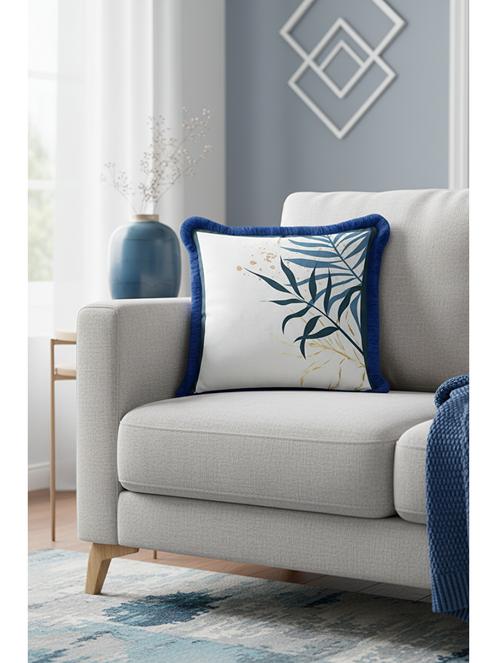 Karışık Tropikal Yapraklı Saçaklı Yastık Kılıfı - Doğal Modern Mavi Altın Renkli Püsküllü Kırlent Kılıfı