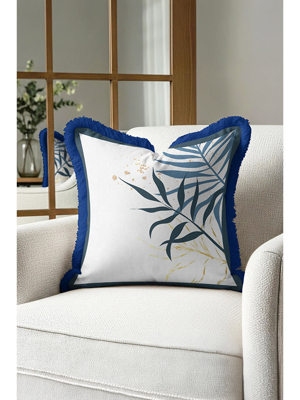 Karışık Tropikal Yapraklı Saçaklı Yastık Kılıfı - Doğal Modern Mavi Altın Renkli Püsküllü Kırlent Kılıfı-1