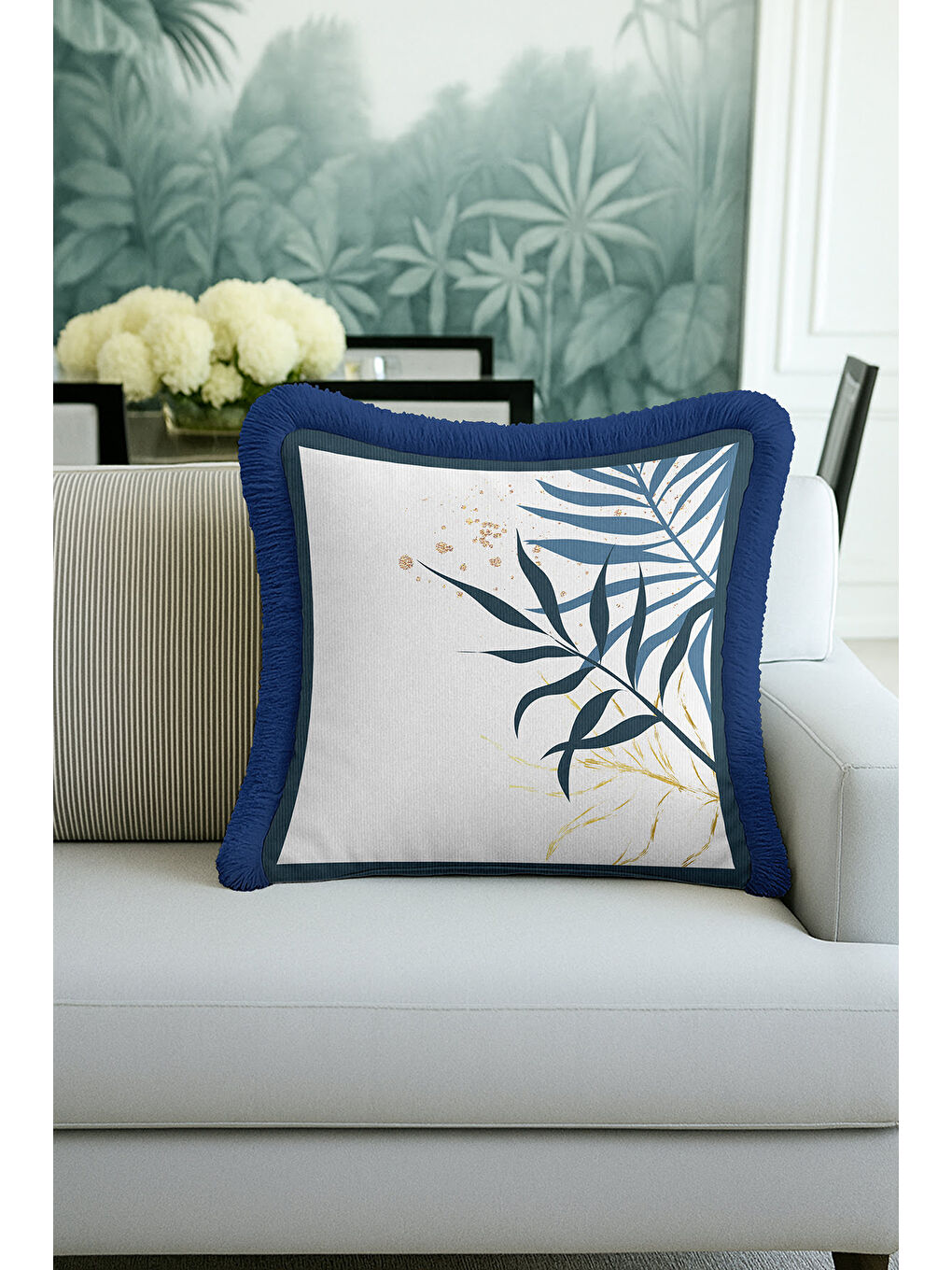 Karışık Tropikal Yapraklı Saçaklı Yastık Kılıfı - Doğal Modern Mavi Altın Renkli Püsküllü Kırlent Kılıfı-2