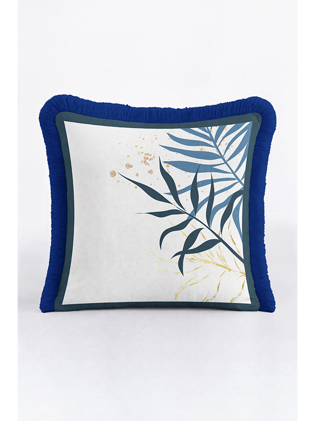 Karışık Tropikal Yapraklı Saçaklı Yastık Kılıfı - Doğal Modern Mavi Altın Renkli Püsküllü Kırlent Kılıfı-3