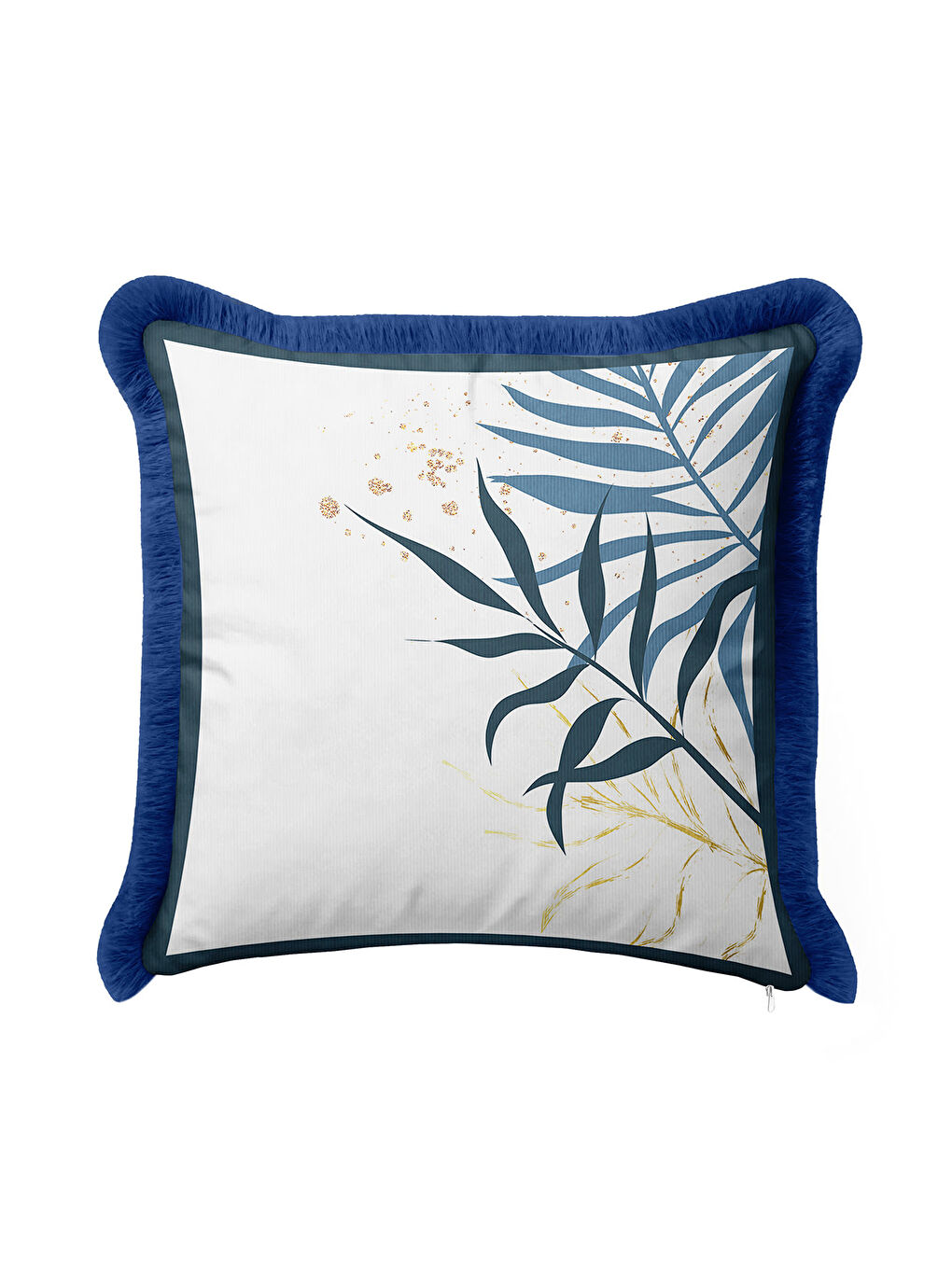 Karışık Tropikal Yapraklı Saçaklı Yastık Kılıfı - Doğal Modern Mavi Altın Renkli Püsküllü Kırlent Kılıfı-4