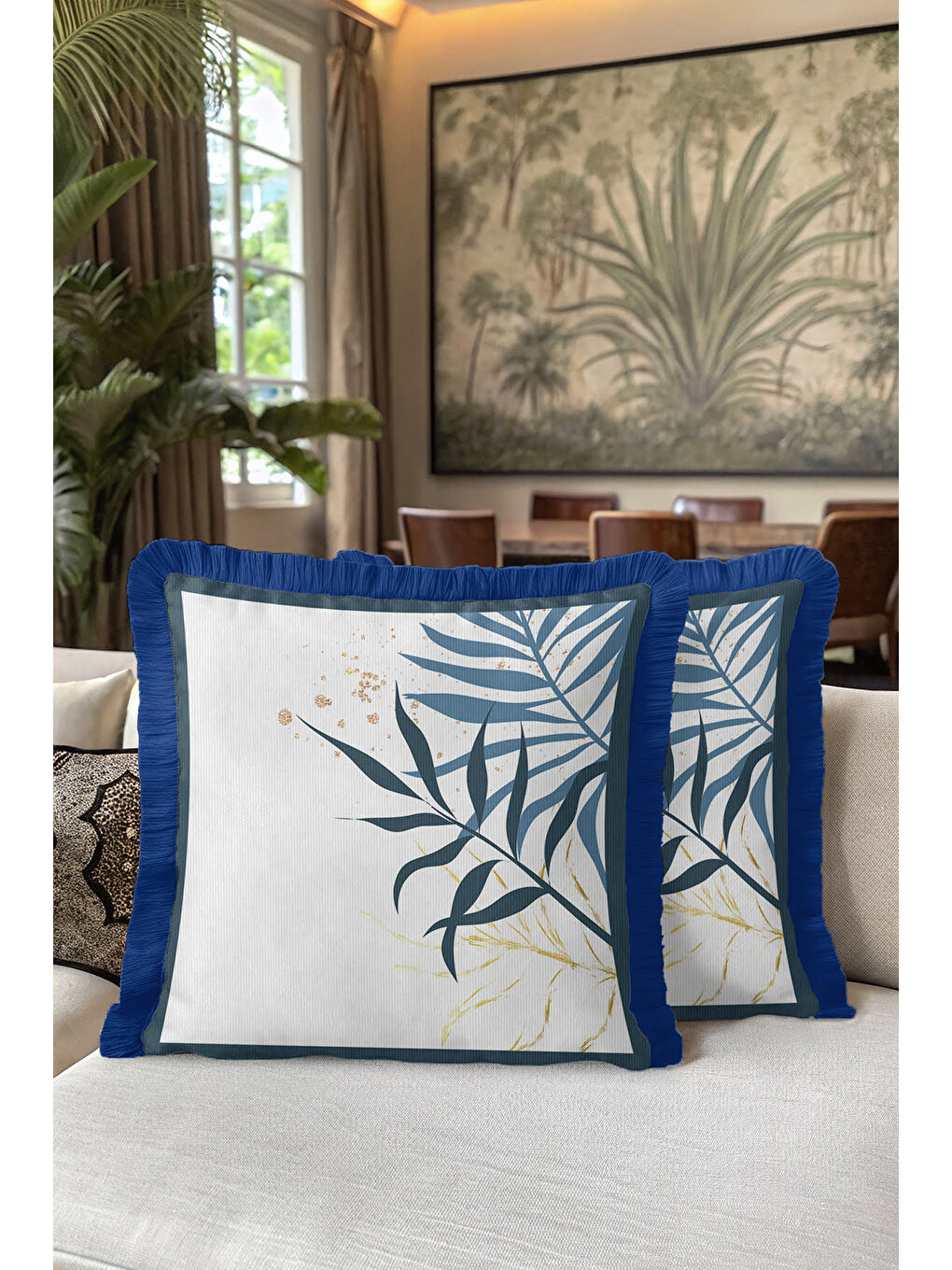Karışık Tropikal Yapraklı Saçaklı Yastık Kılıfı - Doğal Modern Mavi Altın Renkli Püsküllü Kırlent Kılıfı-5