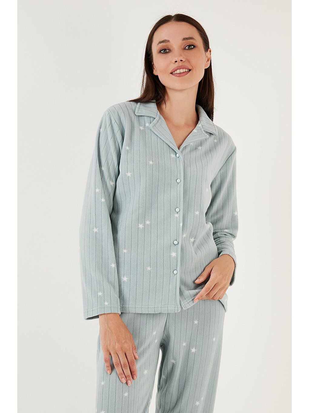 Yeşil Regular Fit Gömlek Yaka Önden Düğmeli Polar Pijama Takımı 6571009-2