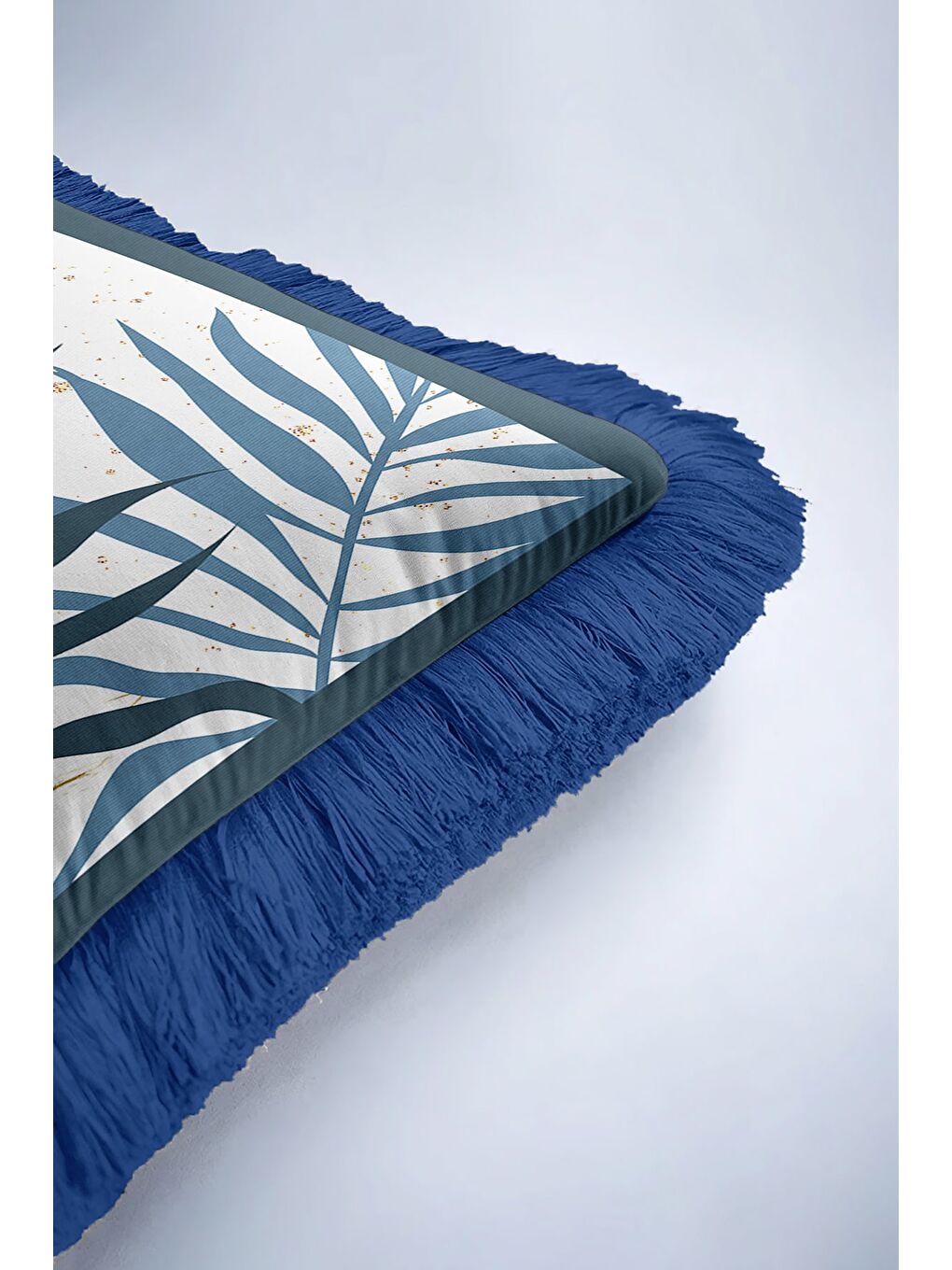 Karışık Tropikal Yapraklı Saçaklı Yastık Kılıfı - Doğal Modern Mavi Altın Renkli Püsküllü Kırlent Kılıfı-6