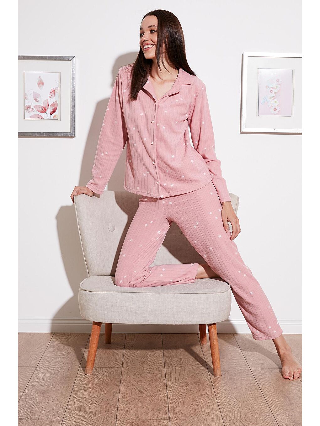 Pembe Regular Fit Gömlek Yaka Önden Düğmeli Polar Pijama Takımı 6571009