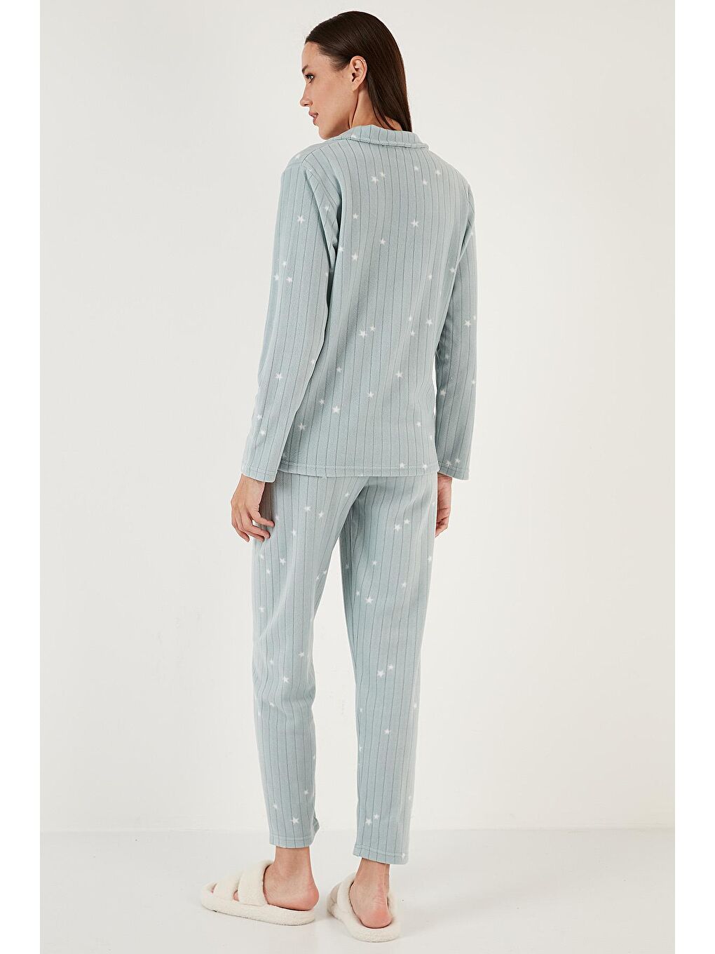 Yeşil Regular Fit Gömlek Yaka Önden Düğmeli Polar Pijama Takımı 6571009-4