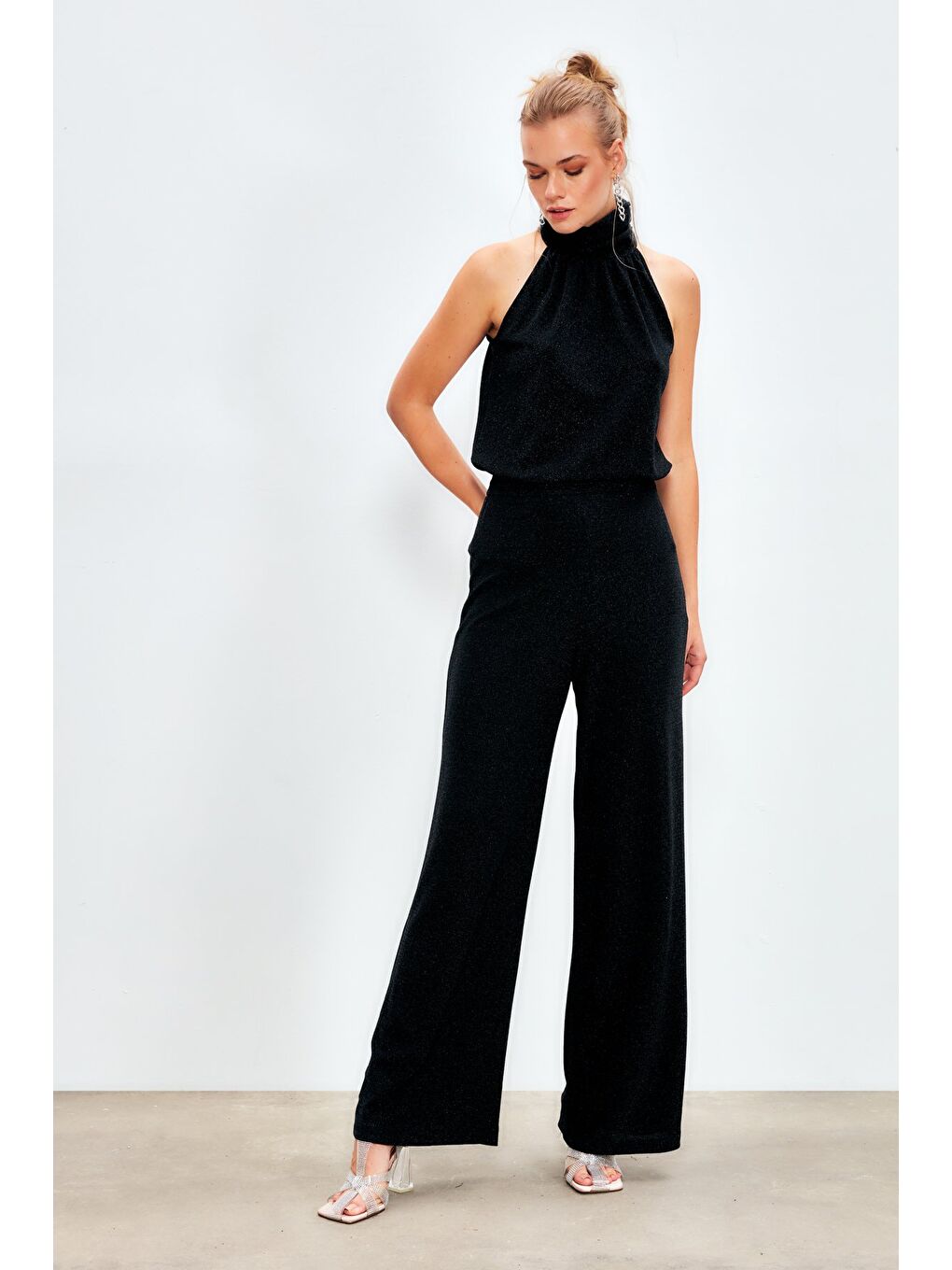 Simli Bol Paça Pantolon - Siyah-1