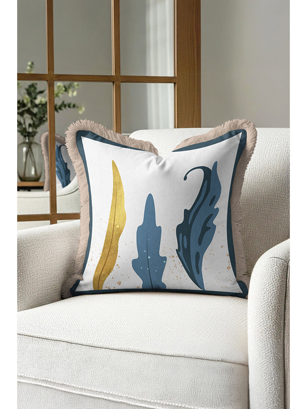 Karışık Modern Sanatsal Saçaklı Yastık Kılıfı - Soyut Yaprak Bohem Mavi Altın Renkli Püsküllü Kırlent Kılıfı-1