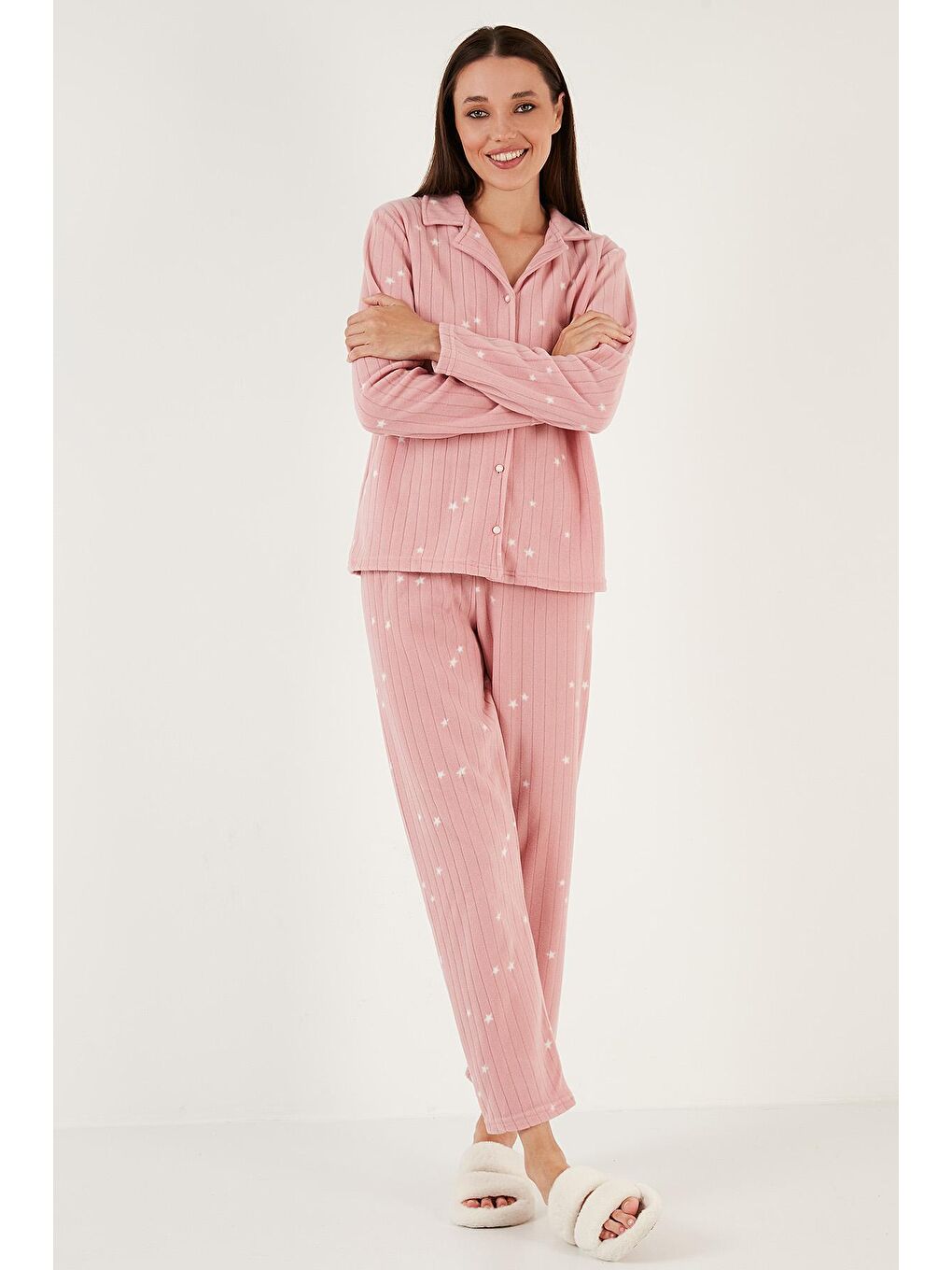 Pembe Regular Fit Gömlek Yaka Önden Düğmeli Polar Pijama Takımı 6571009-1