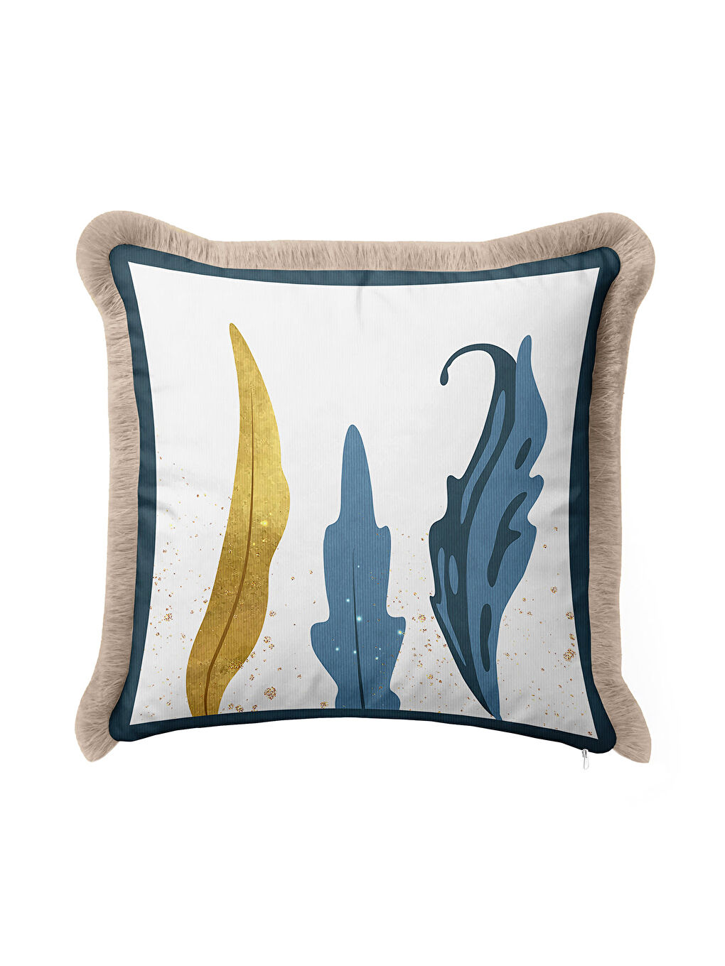 Karışık Modern Sanatsal Saçaklı Yastık Kılıfı - Soyut Yaprak Bohem Mavi Altın Renkli Püsküllü Kırlent Kılıfı-2