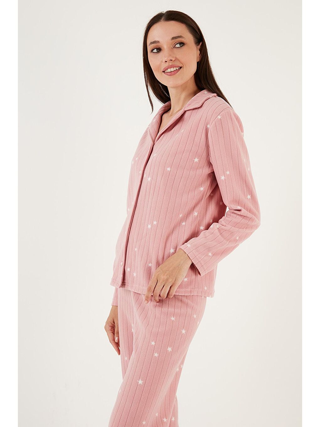 Pembe Regular Fit Gömlek Yaka Önden Düğmeli Polar Pijama Takımı 6571009-2