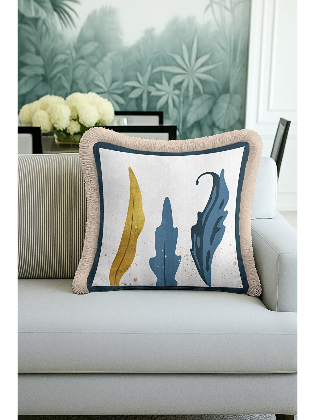 Karışık Modern Sanatsal Saçaklı Yastık Kılıfı - Soyut Yaprak Bohem Mavi Altın Renkli Püsküllü Kırlent Kılıfı-3