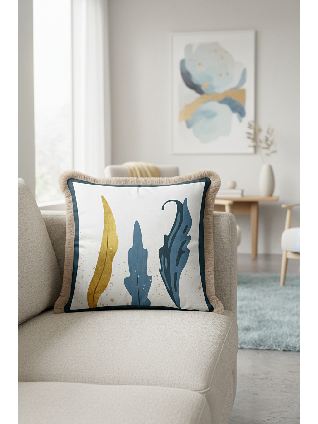 Karışık Modern Sanatsal Saçaklı Yastık Kılıfı - Soyut Yaprak Bohem Mavi Altın Renkli Püsküllü Kırlent Kılıfı-4