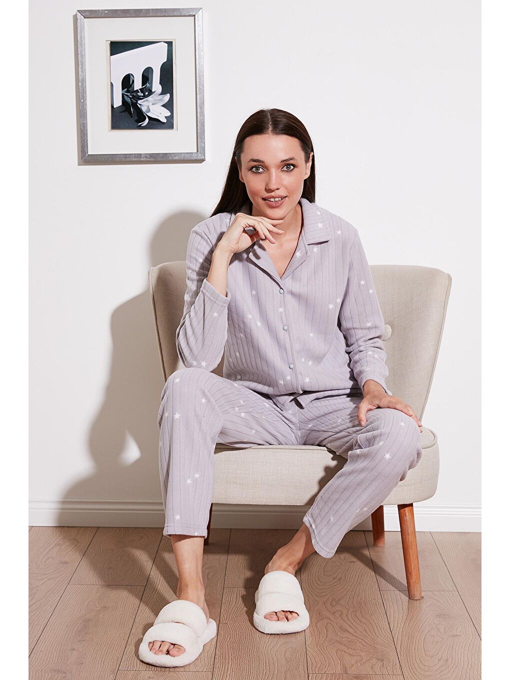 Gri Regular Fit Gömlek Yaka Önden Düğmeli Polar Pijama Takımı 6571009