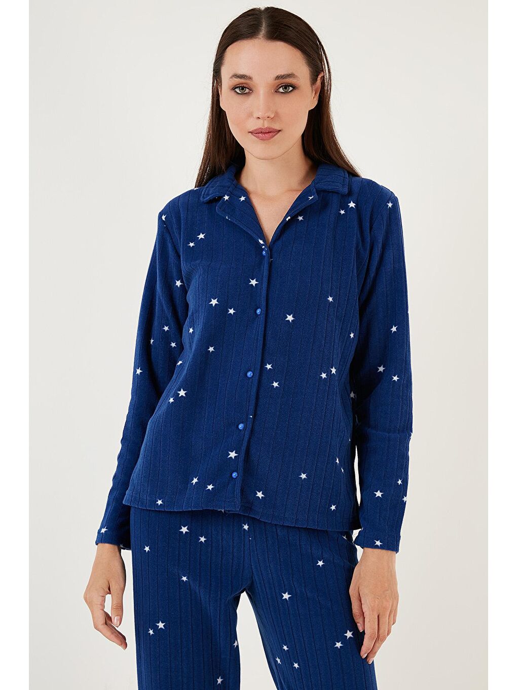 Lacivert Regular Fit Gömlek Yaka Önden Düğmeli Polar Pijama Takımı 6571009-2
