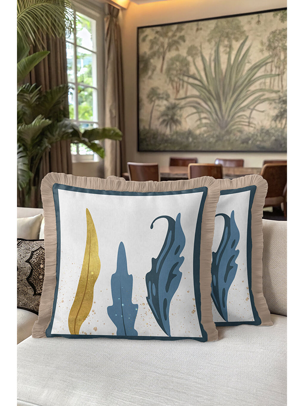 Karışık Modern Sanatsal Saçaklı Yastık Kılıfı - Soyut Yaprak Bohem Mavi Altın Renkli Püsküllü Kırlent Kılıfı-5