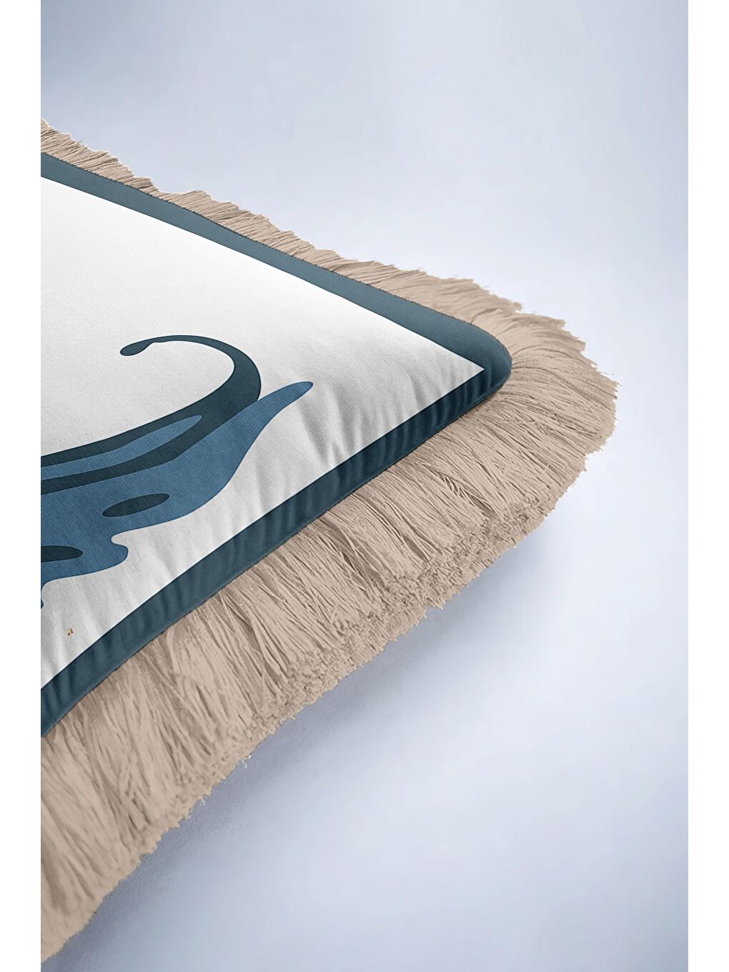 Karışık Modern Sanatsal Saçaklı Yastık Kılıfı - Soyut Yaprak Bohem Mavi Altın Renkli Püsküllü Kırlent Kılıfı-6