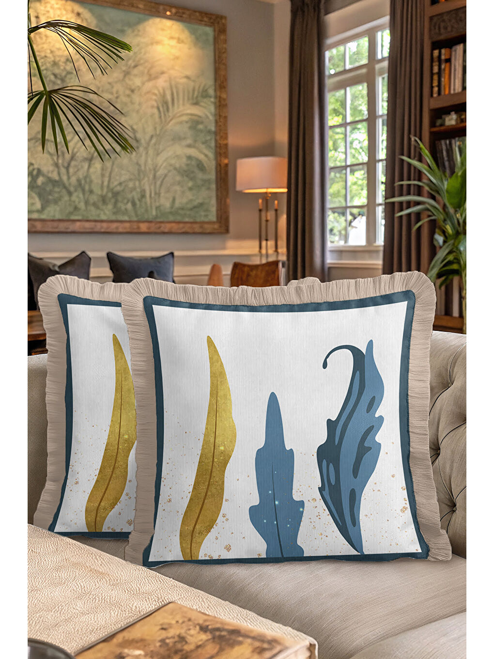 Karışık Modern Sanatsal Saçaklı Yastık Kılıfı - Soyut Yaprak Bohem Mavi Altın Renkli Püsküllü Kırlent Kılıfı-7