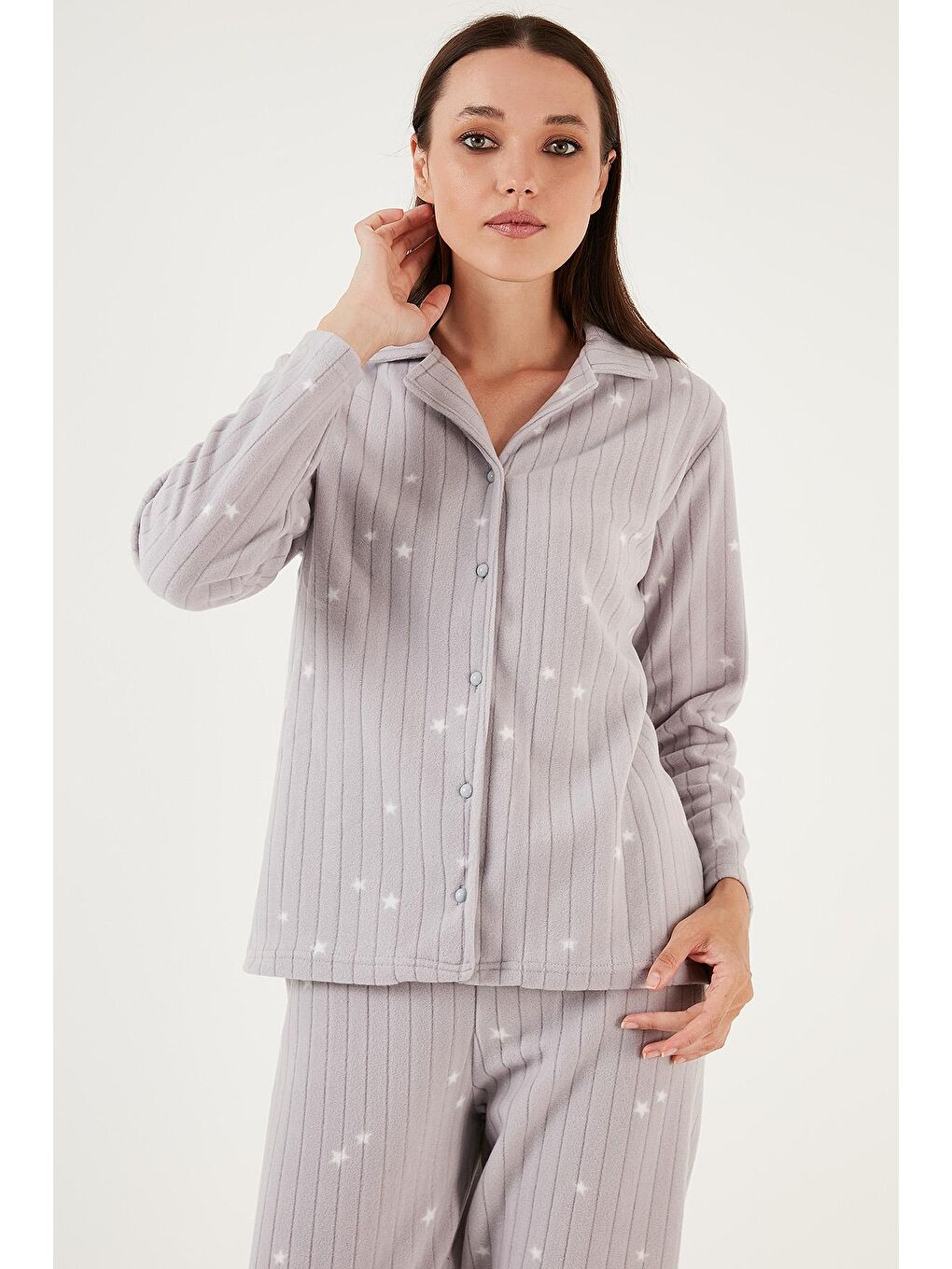 Gri Regular Fit Gömlek Yaka Önden Düğmeli Polar Pijama Takımı 6571009-2