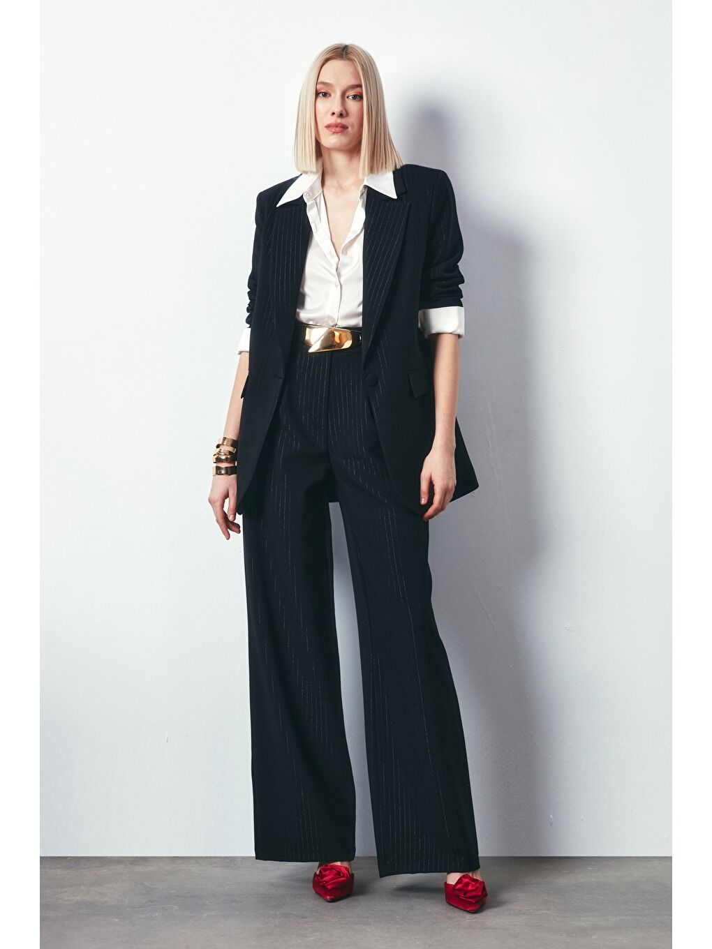 Parlak Çizgili Pantolon - Siyah