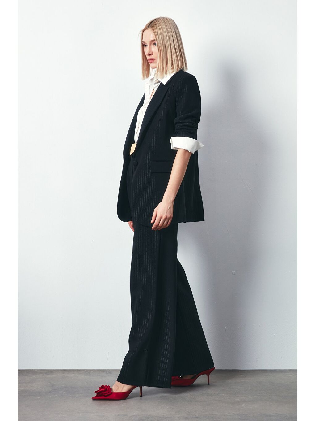 Parlak Çizgili Pantolon - Siyah-1