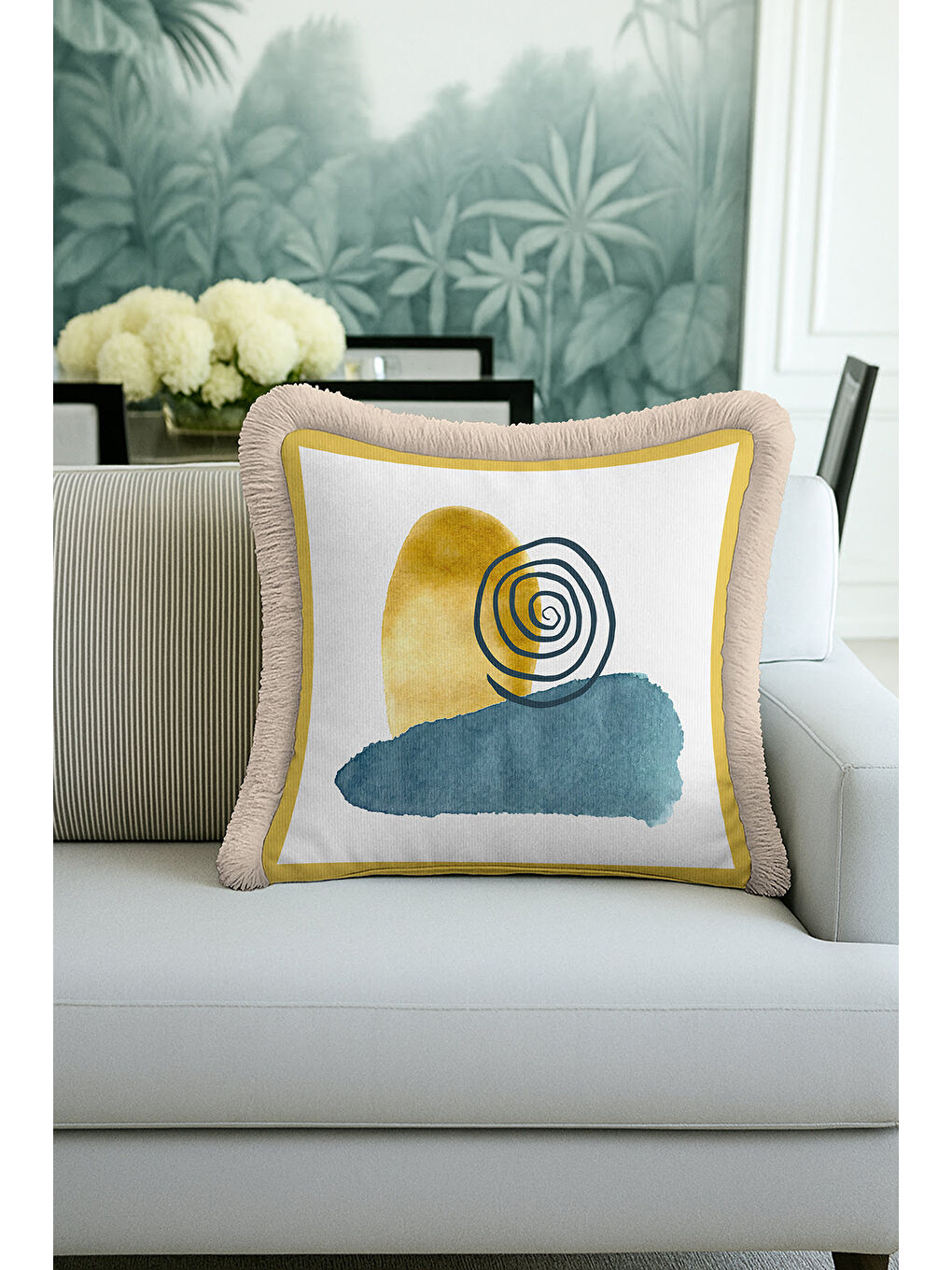 Karışık Modern Sanat Etkili Saçaklı Yastık Kılıfı - Geometrik Bohem Sarı Mavi Bej Püsküllü Kırlent Kılıfı-1