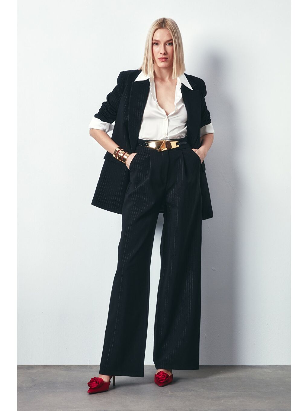 Parlak Çizgili Pantolon - Siyah-2