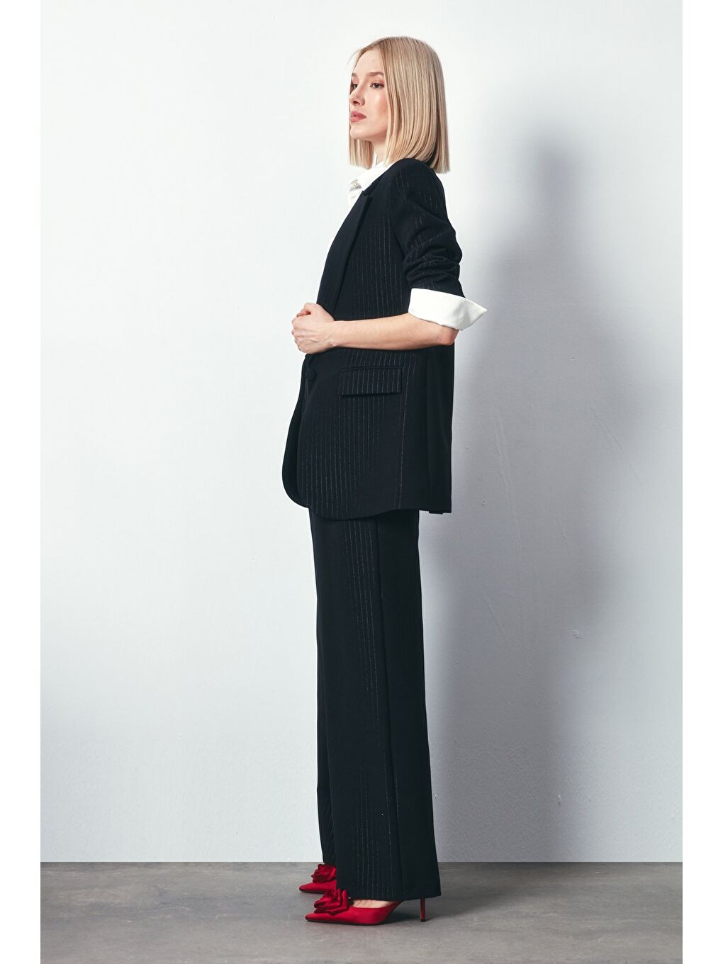 Parlak Çizgili Pantolon - Siyah-3